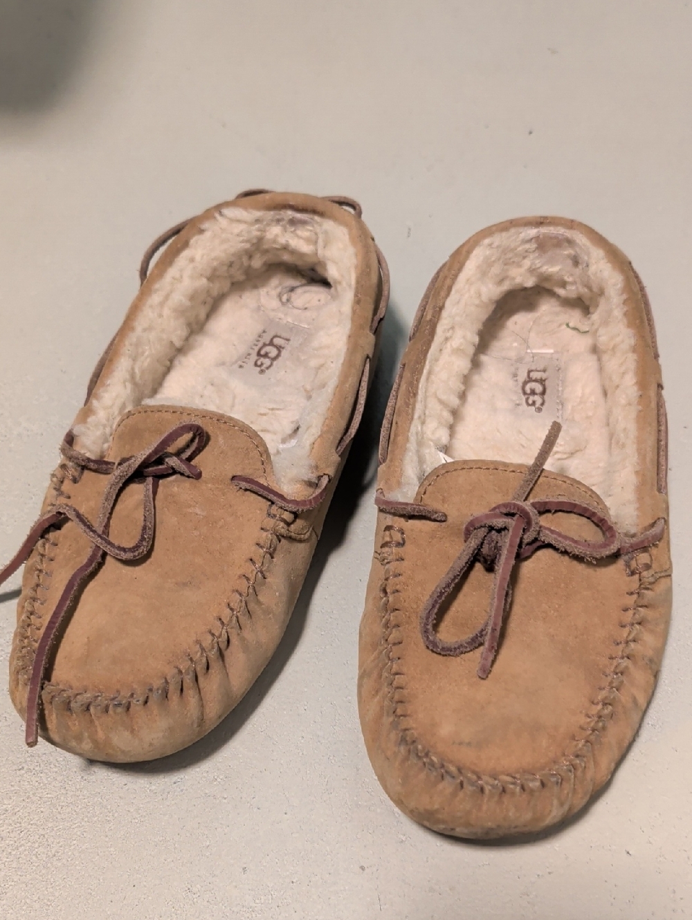 UGG Tan Suede Moccasin Slippers with Shearling - Size 8
